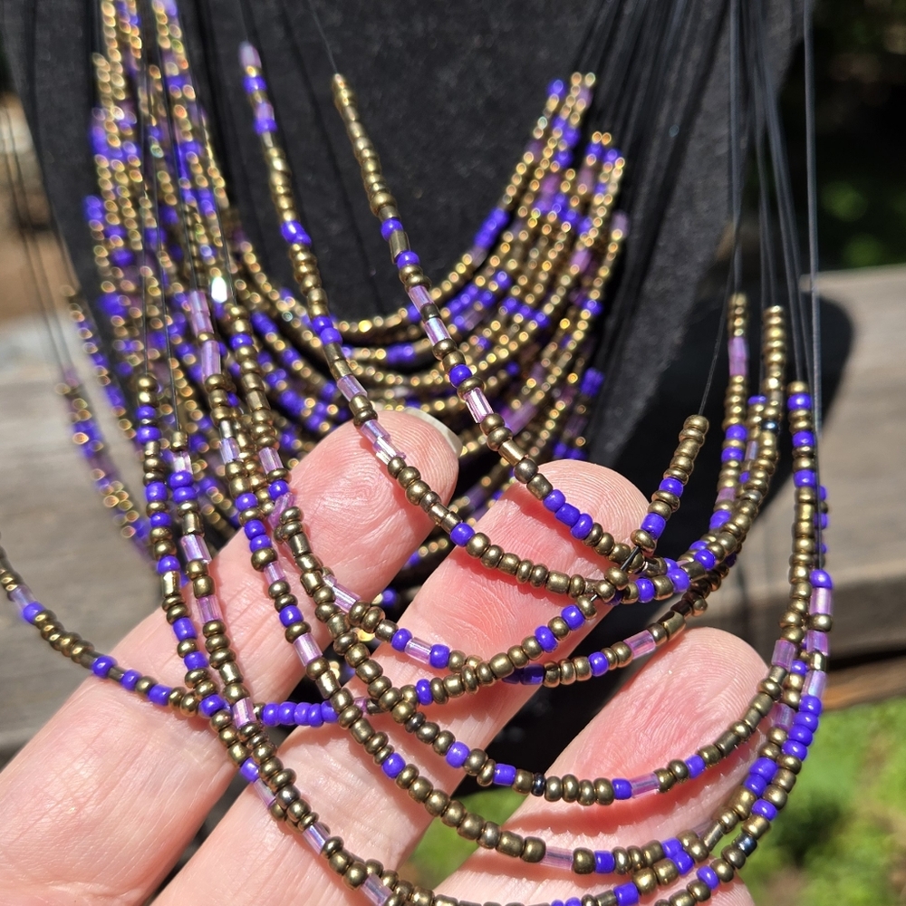 Purple & Gold Multi-Strand Beaded Handmade Necklace By Aelon 21" Adjustable - Picture 3 of 7